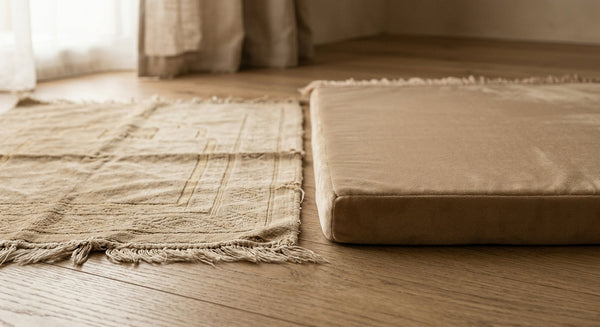Comparaison entre un tapis de prière fin et usé et un tapis de prière épais Sakīna en mousse à mémoire de forme
