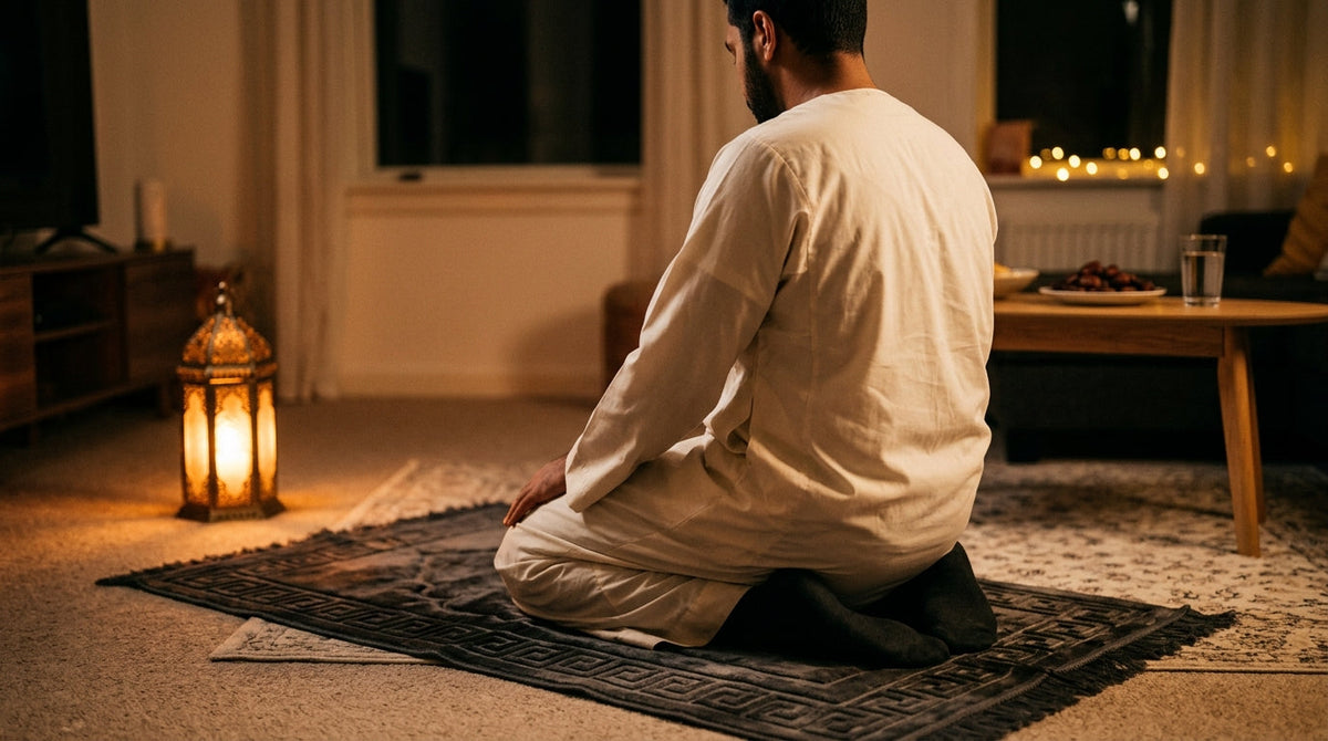 Homme en prosternation sur le tapis Sakīna pendant les prières de Tarawih au Ramadan
